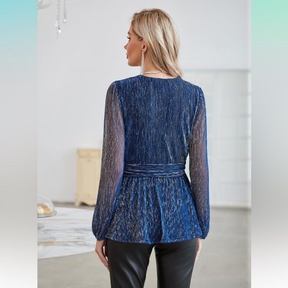 GRACE KARIN Women's Sequin Tops V-Neck Waist Pleat Blouse Lantern Sleeves - Picture 4 of 7